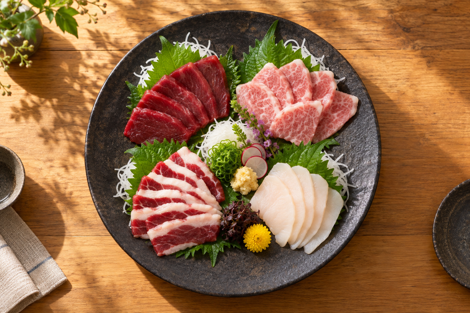 食卓を囲んで楽しむ馬刺しの盛り合わせイメージ